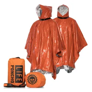 Emergency Survival Life Poncho - 2 Thermal Mylar Space Blanket - Orange