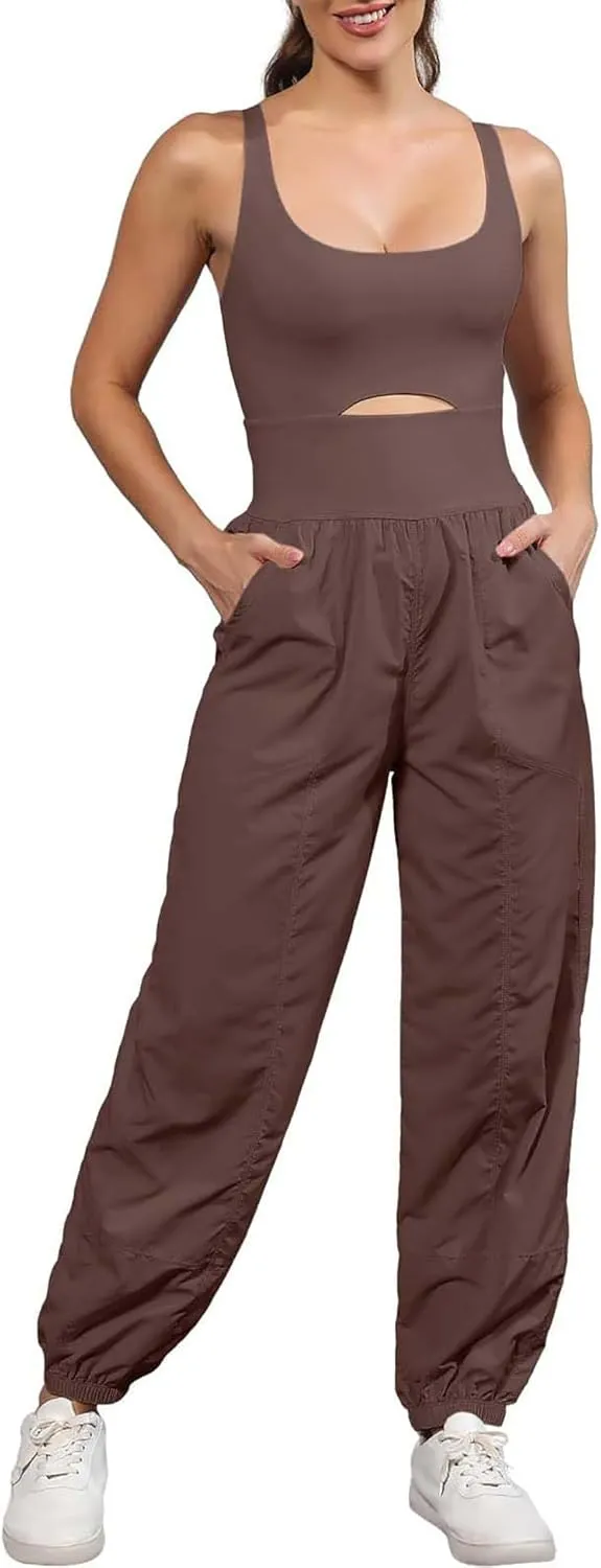 ReachMe Womens Running Onesie Athletic Romper Pants Hiking Outfits One Piece Workout Jumpsuits with Pockets