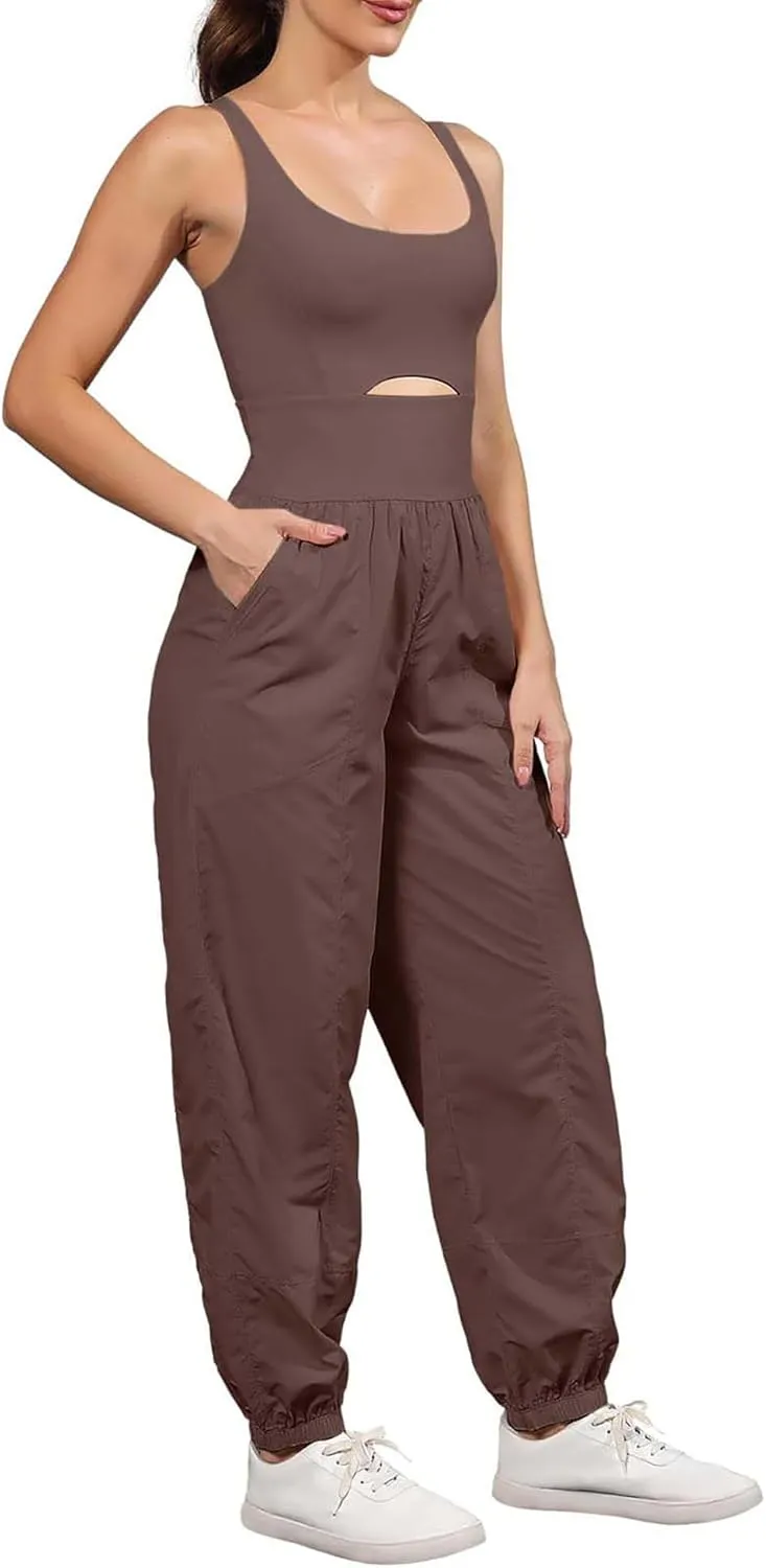 ReachMe Womens Running Onesie Athletic Romper Pants Hiking Outfits One Piece Workout Jumpsuits with Pockets