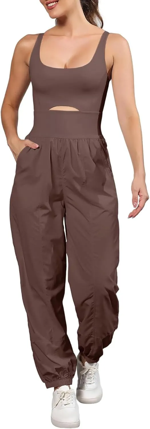 ReachMe Womens Running Onesie Athletic Romper Pants Hiking Outfits One Piece Workout Jumpsuits with Pockets