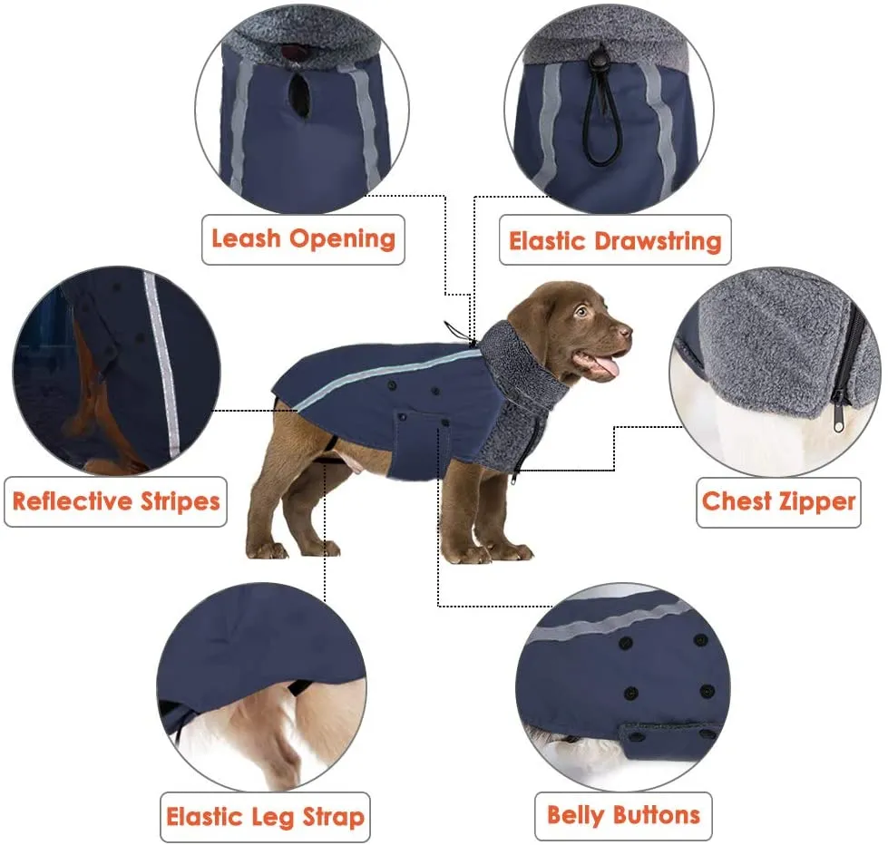 SlowTon Winter Dog Coat, Warm Polar Fleece Lining Doggie Outdoor Jacket with Turtleneck Scarf Reflective Stripe Adjustable Waterproof Windproof Puppy Vest Soft Pet Outfits (Medium, Dark Blue)