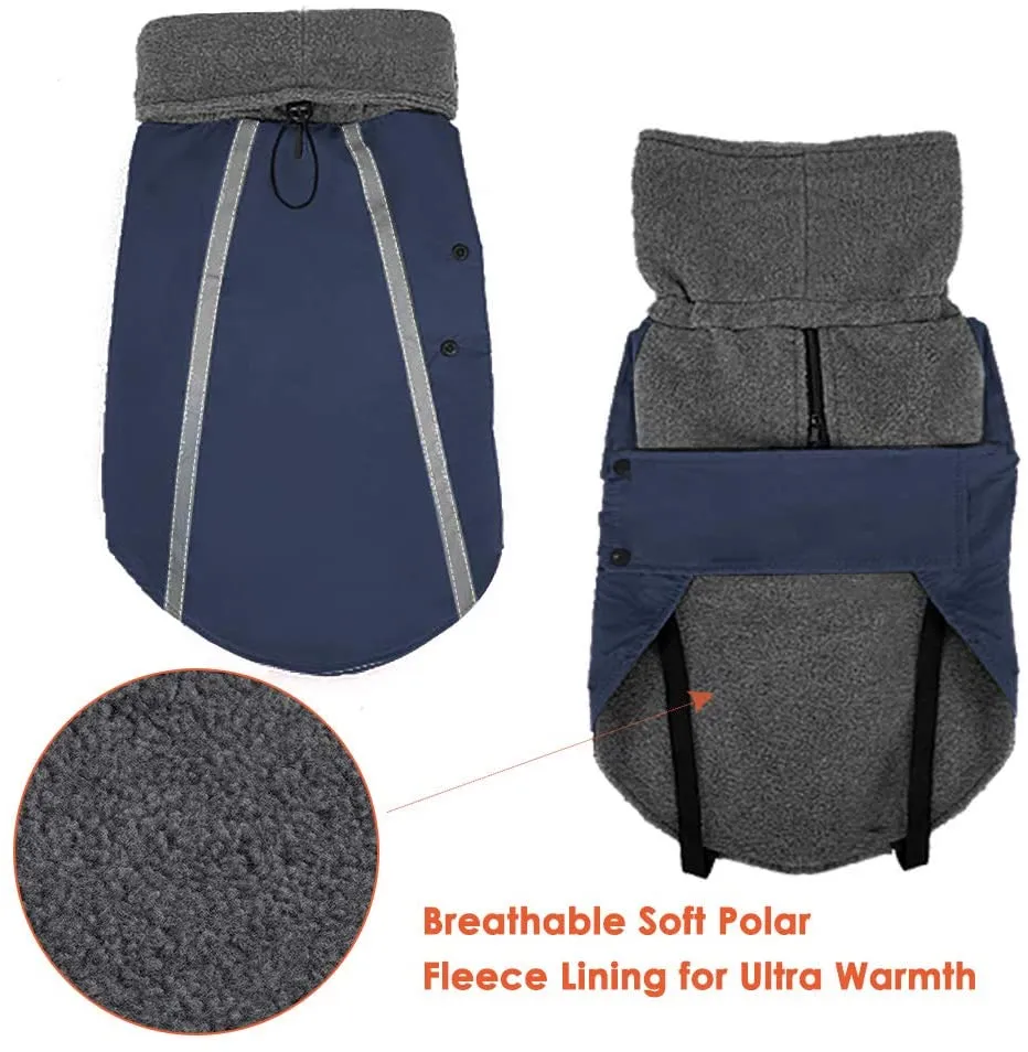 SlowTon Winter Dog Coat, Warm Polar Fleece Lining Doggie Outdoor Jacket with Turtleneck Scarf Reflective Stripe Adjustable Waterproof Windproof Puppy Vest Soft Pet Outfits (Medium, Dark Blue)