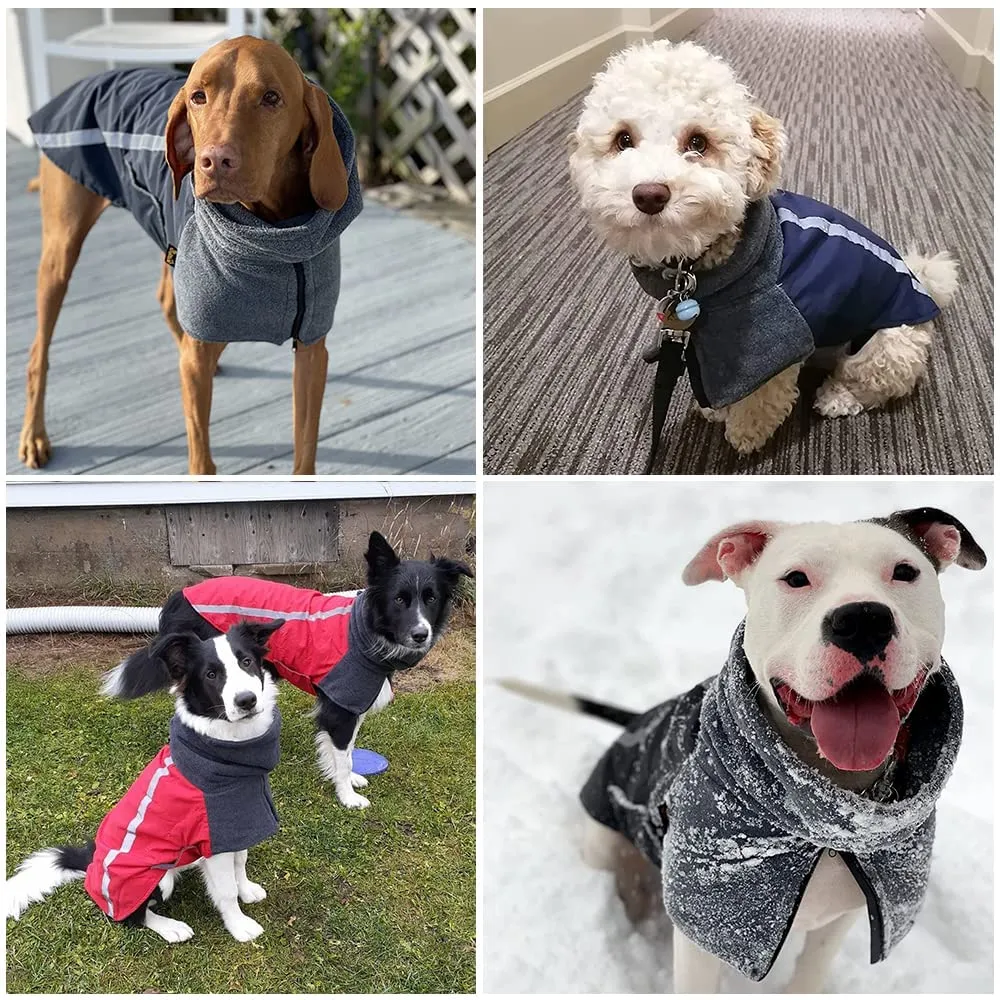 SlowTon Winter Dog Coat, Warm Polar Fleece Lining Doggie Outdoor Jacket with Turtleneck Scarf Reflective Stripe Adjustable Waterproof Windproof Puppy Vest Soft Pet Outfits (Medium, Dark Blue)
