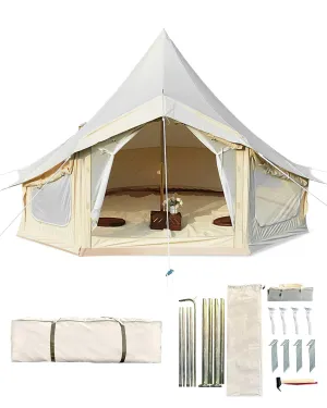 timeless Canvas Bell Tent, 4 Seasons Yurt Tent with 2 Stove Jack, 4 Mesh Zippers Windows, Breathable Waterproof Tent Suitable for 4-12 People, Family Camping Outdoor Party